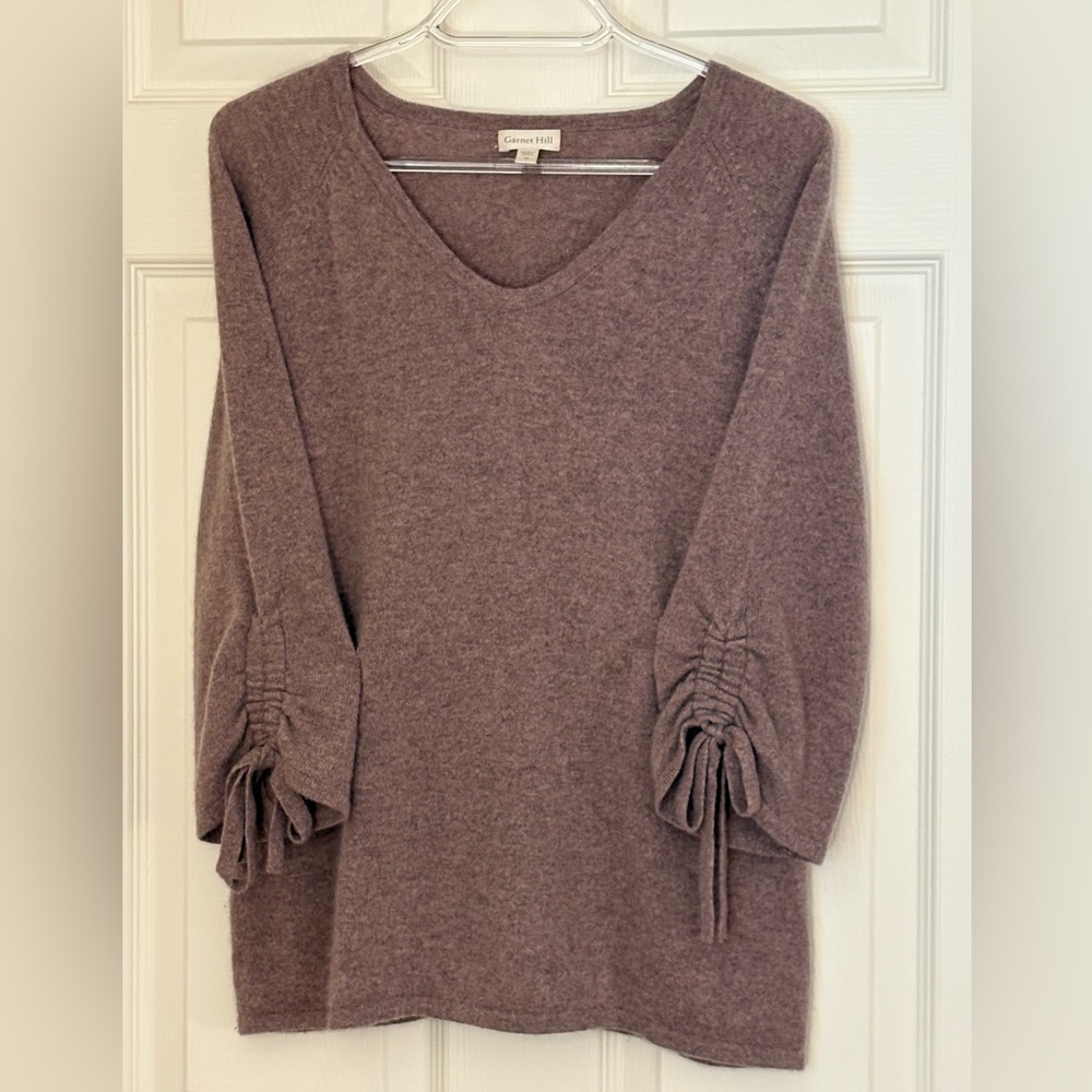 Garnet Hill MAUVE Cashmere Tie-Sleeve V-Neck Sweater - Picture 2 of 14